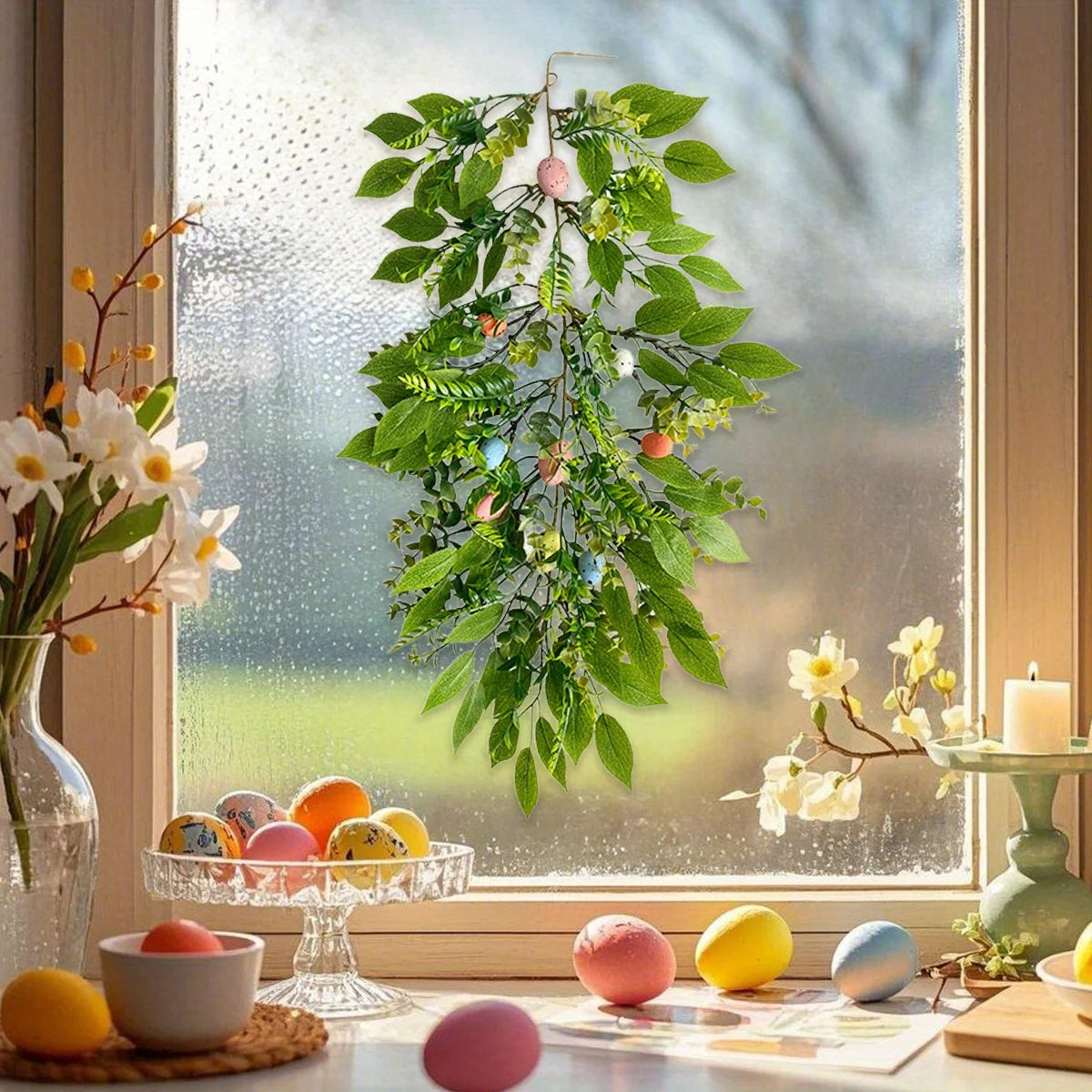 Easter Swag 25.5in Spring Garland Pendant Teardrop Wreath Easter Seasonal Decoration Easter Garland Vine String for
