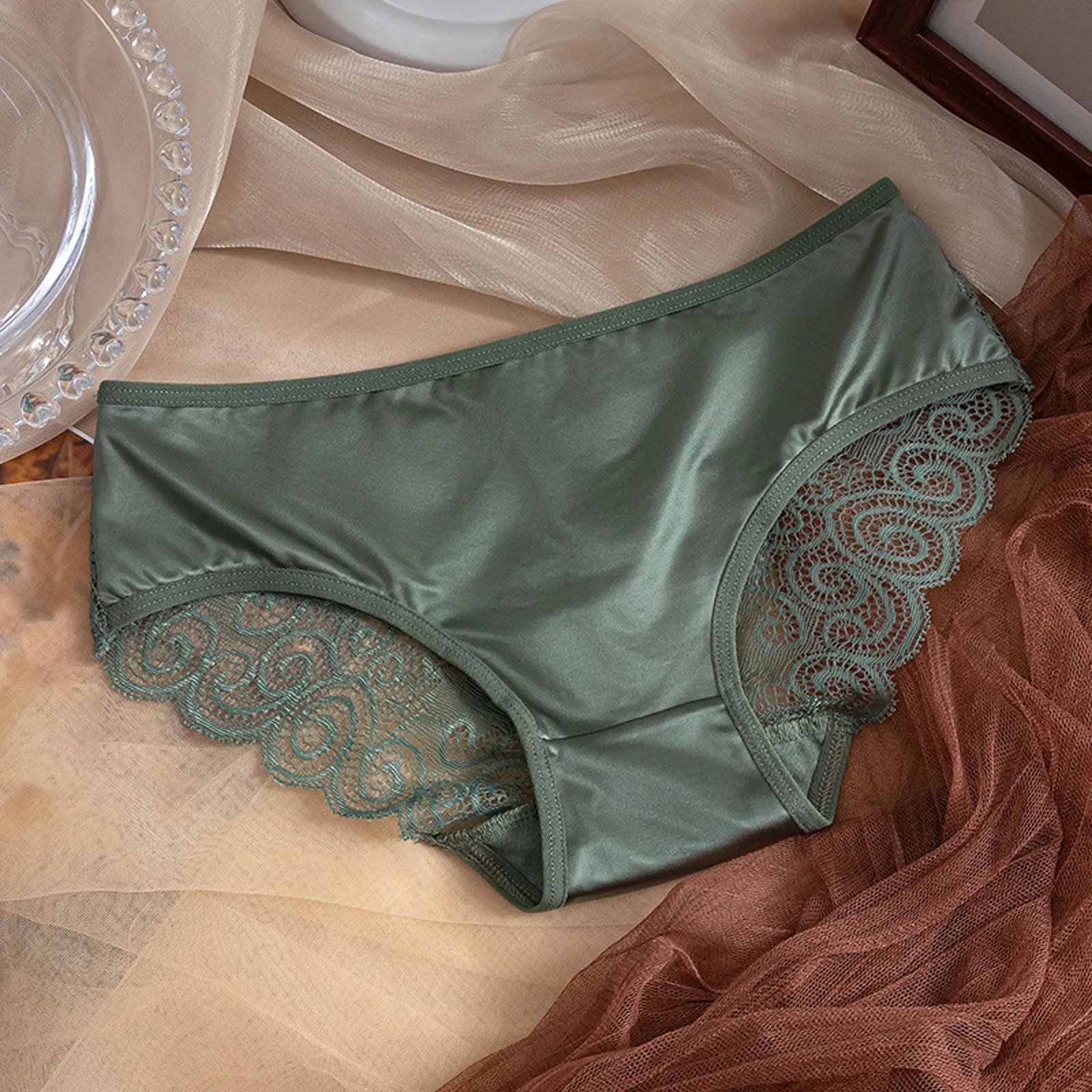 Yellow Women's Panties Silk Satin Underwear Lace Sexy Lingerie Breathable Mid Waist Female Briefs Comfortable Panty Underpants