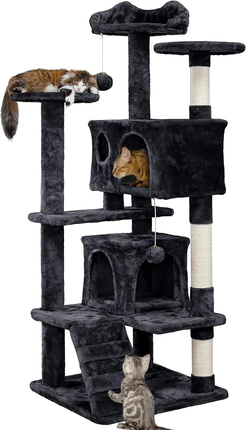 54in Cat Tree, Multi-Level Cat Tower With Spacious Kitten-ear Perch, 2 Cozy Caves, Scratching Posts, Climbing Ladder, 2 Plush Ba