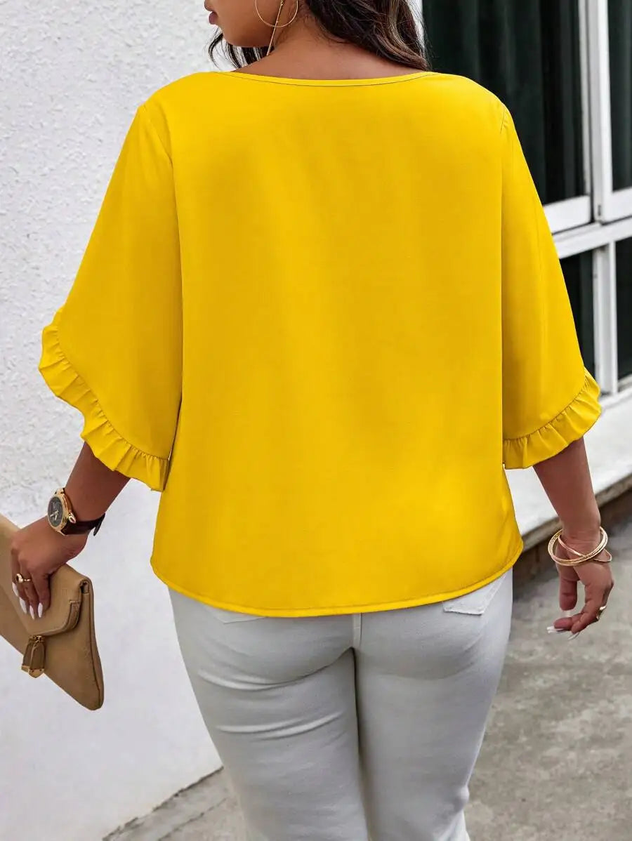 Ladies' Elegant Solid Color V-Neck Ear Cotton Blouse