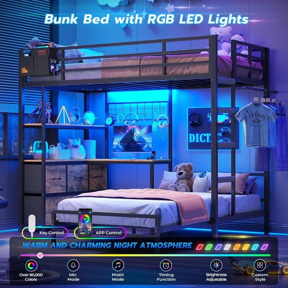Bunk Bed with L-Shaped Desk,5 Storage Drawers and 2 Shelves Metal Twin XL Over Twin Bunk Bed with LED Lights
