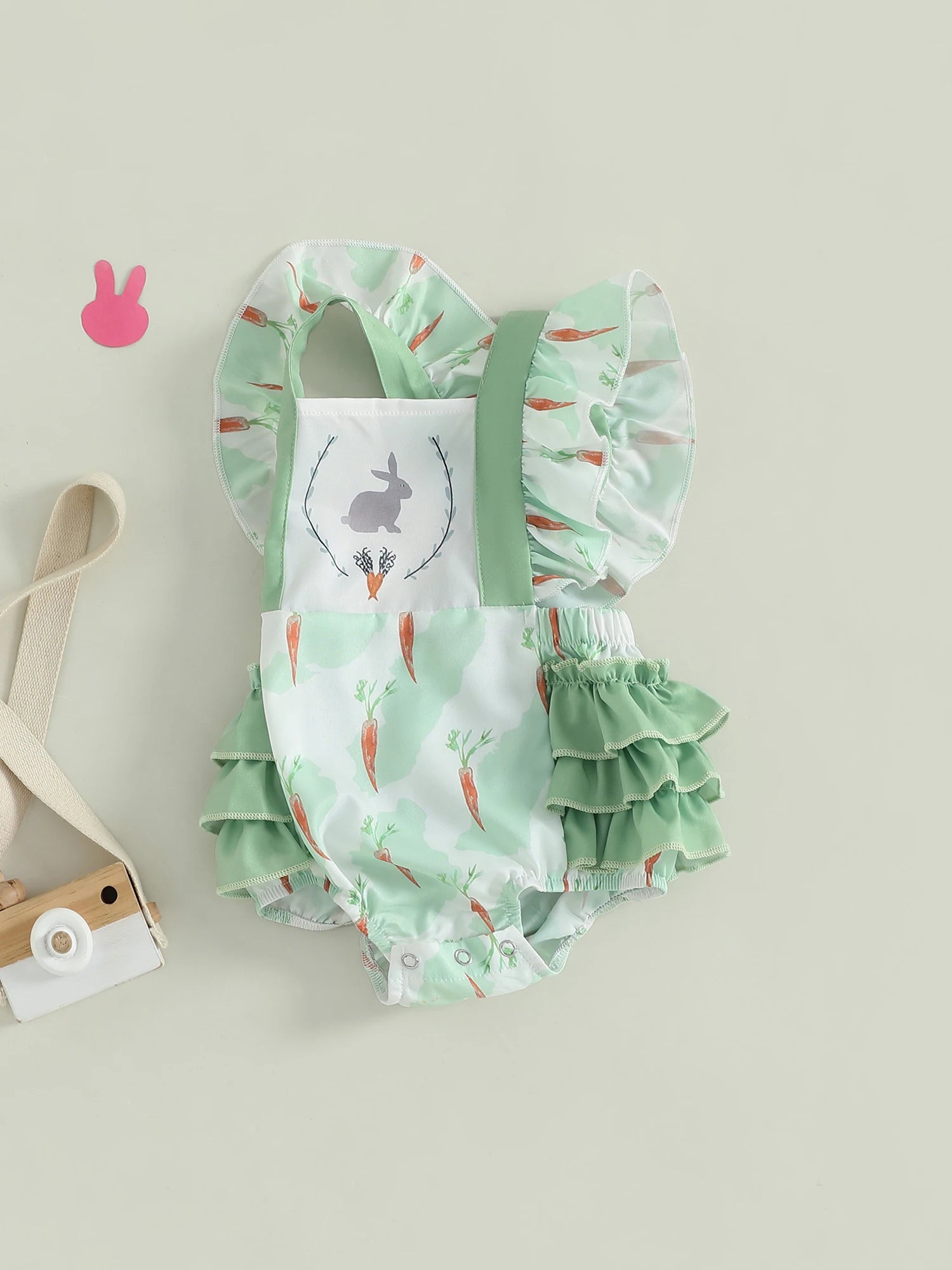 Adorable Infant Easter Jumpsuit with Cute Bunny and Carrot Print Sleeveless Ruffle Square Neck Baby Girl Outfit for Newborns