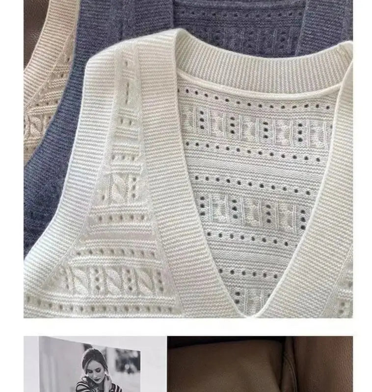 V-Neck Hollowed Out 100% Wool Knitted Vest For Women In AutumnWinter Loose Solid Color Korean Fashion Pullover Sweater Vest Top