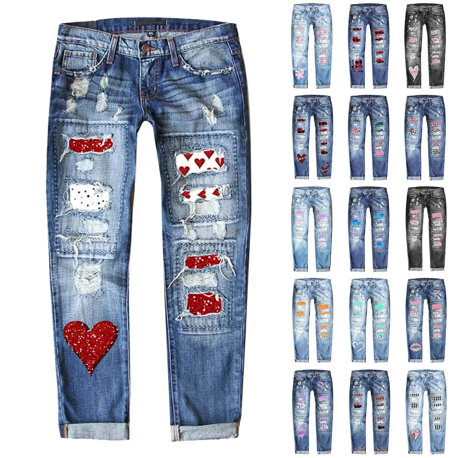 New In Plus Size Jeans For Women Denim Valentine's Day Jeans Printed Hole Thickened Trousers Vintage Jeans For Women Teen Girl