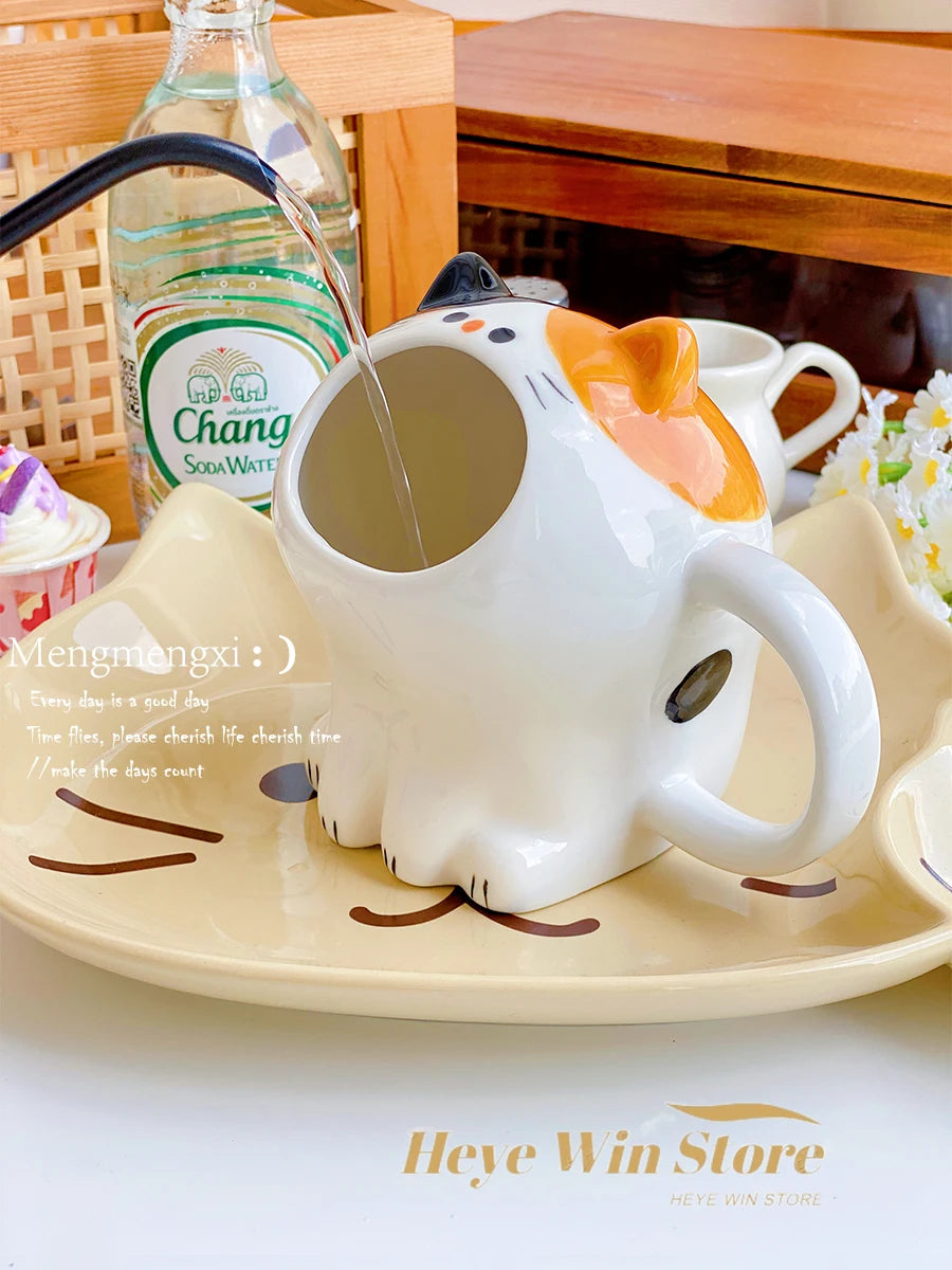 Cute Cat Mug, Cartoon Calico Cat Storage Rack, Desktop Pen Holder, Fun Gift Straw Cup, High-value Breakfast Milk Cup