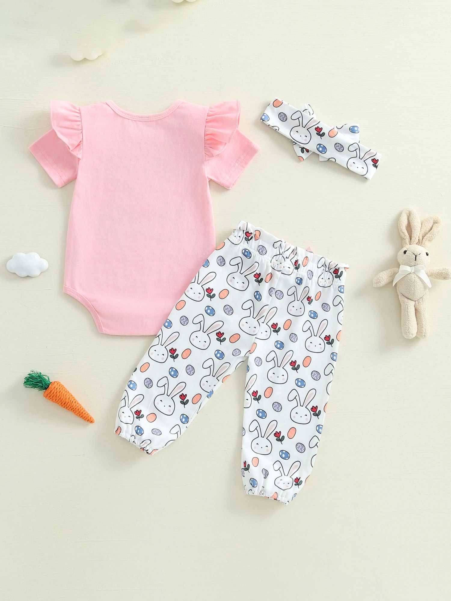 Adorable Baby Girl Easter Outfit Set with Letter Print Romper Bunny Print Pants and Matching Headband - 3 Piece Ensemble