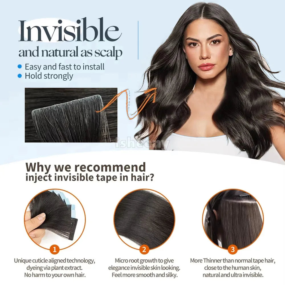 25 pcs Straight Tape In Hair Extensions 100% Human Hair 30 Inch Brazilian Invisible Seamless Weft PU Tape In Raw Hair Extensions