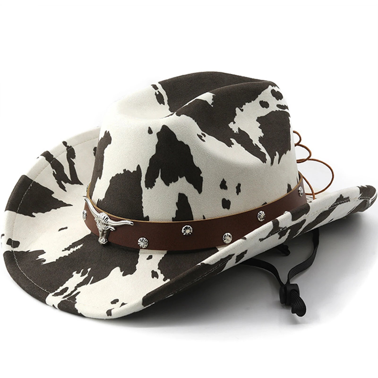 Vintage Leather Cowboy Hat for Women and Men with Cow Print Design Wide Brim Western Cap featuring Windproof Rope and Leather