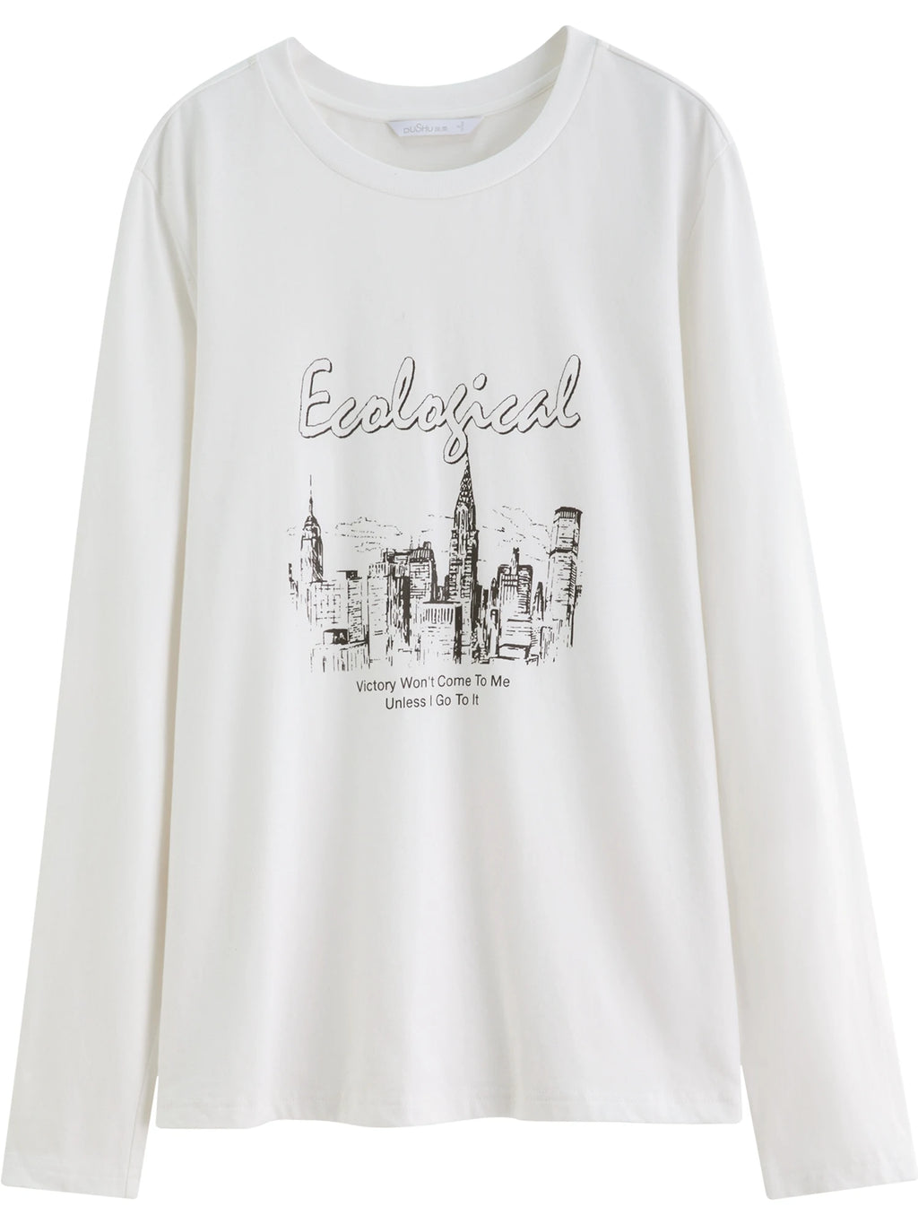 DUSHU Plus Size Casual Urban Letter Print Long-sleeved T-shirt Women White Round Neck All-match Basics Slimming Top Aesthetic