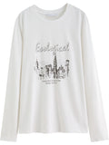 DUSHU Plus Size Casual Urban Letter Print Long-sleeved T-shirt Women White Round Neck All-match Basics Slimming Top Aesthetic