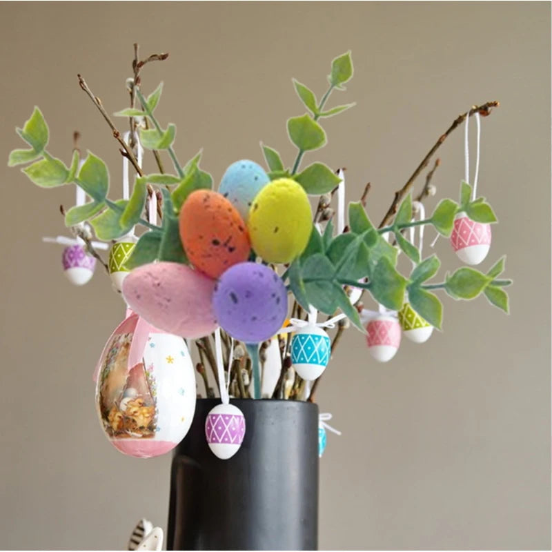 Easter Egg Picks Set with Artificial Pastel Eggs and Green Leaf Branches for Home Decor and Spring Celebrations