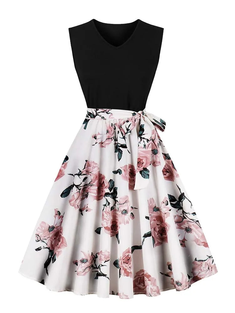 Retro Vintage Women's Summer Dress V-Neck Sleeveless High Waist Chic Floral Print with Belt 50s Style