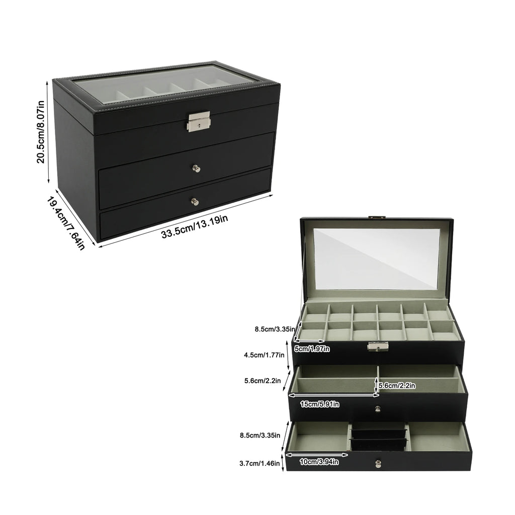 3 Tiers Jewelry Box Watch Display Case Display Desktop With Glass Top Jewelry Cabinet Storage Collection Organizer Black