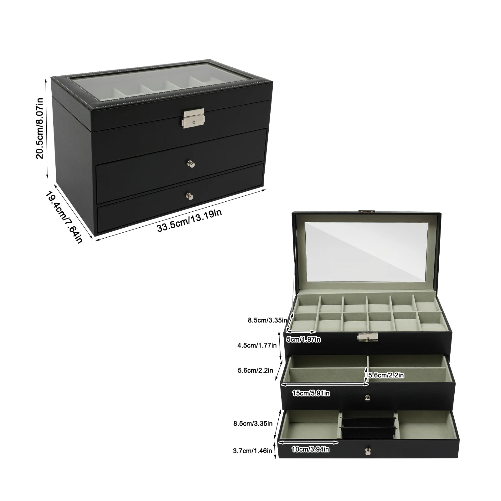 3 Tiers Jewelry Box Watch Display Case Display Desktop With Glass Top Jewelry Cabinet Storage Collection Organizer Black
