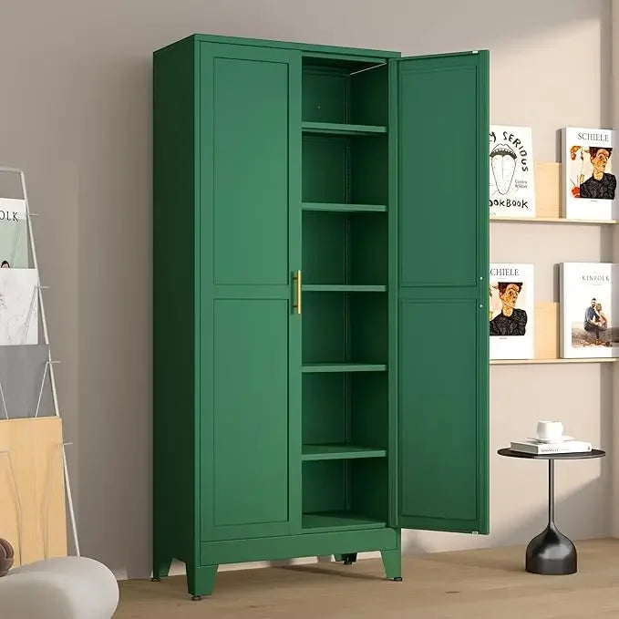 Metal Pantry Cabinet with 2 Doors and 5 Adjustable Shelves, 75" Kitchen Storage cabinets with Gold Handles, Versatile Storag