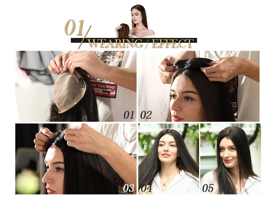100% Human Hair Topper Invisable Straight Hair Pads Clip In One Piece 2Clips Increase Hair volume Hair Extensions Top Side Cover