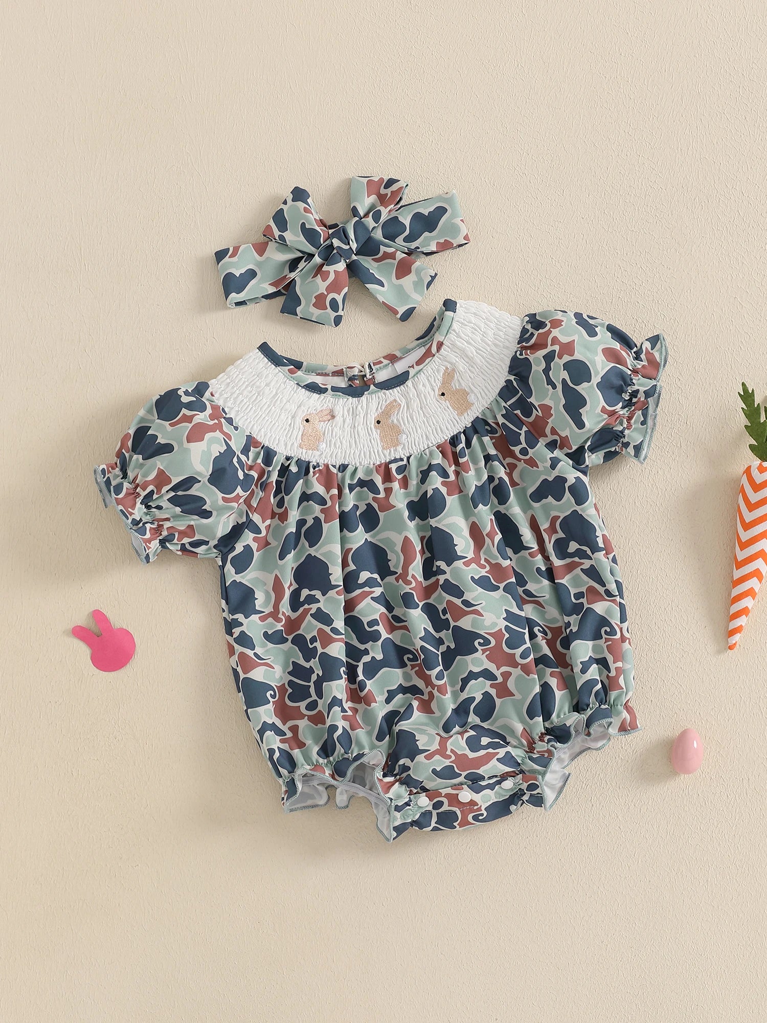 Toddler Girls Easter Outfits Bunny Embroidered Short Sleeve Rompers Round Neck Summer Jumpsuits Bodysuits for Infants