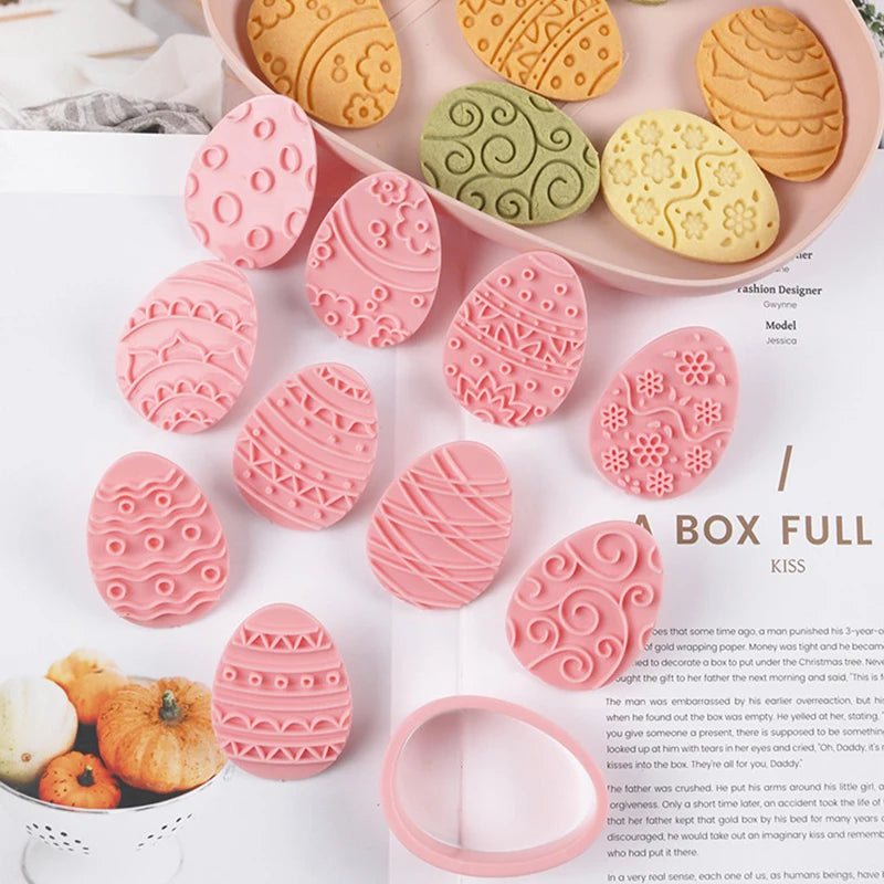 10 Pcs Easter Cookie Cutter Set, 3D Egg Embossing Cookie Cutters, Easter Egg Theme Fun Cookie Molds, For Biscuit Fondant