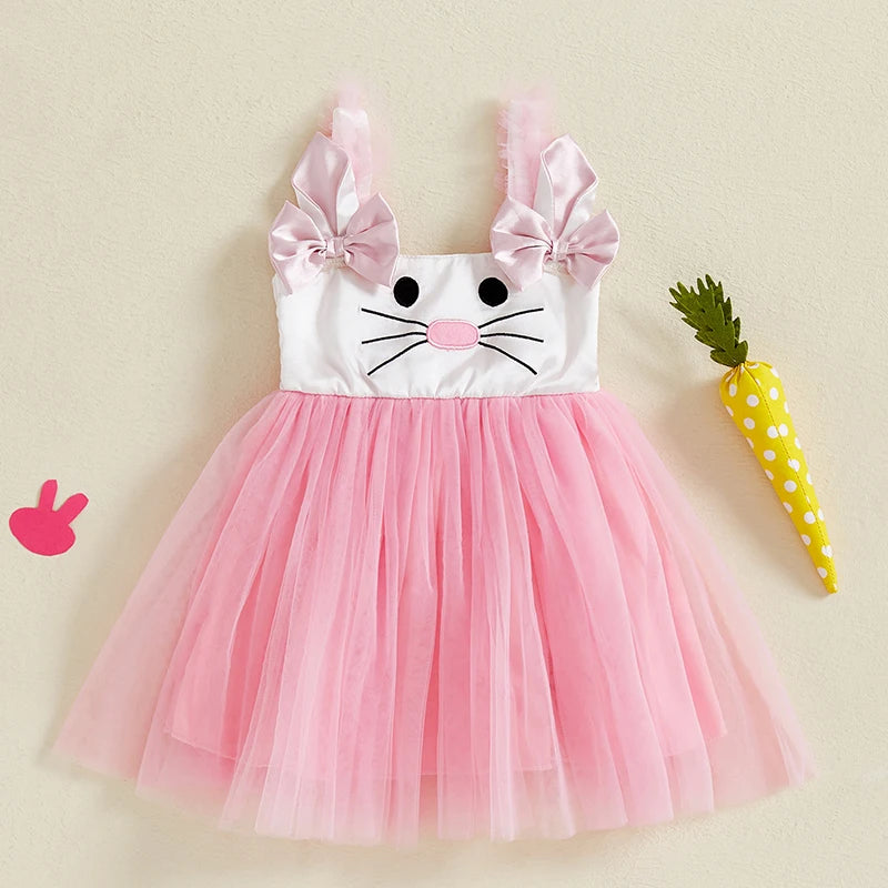 Adorable Baby Girls Easter Outfit Sleeveless Bunny Print Suspender Dress with Tulle Skirt for Spring and Summer Celebrations
