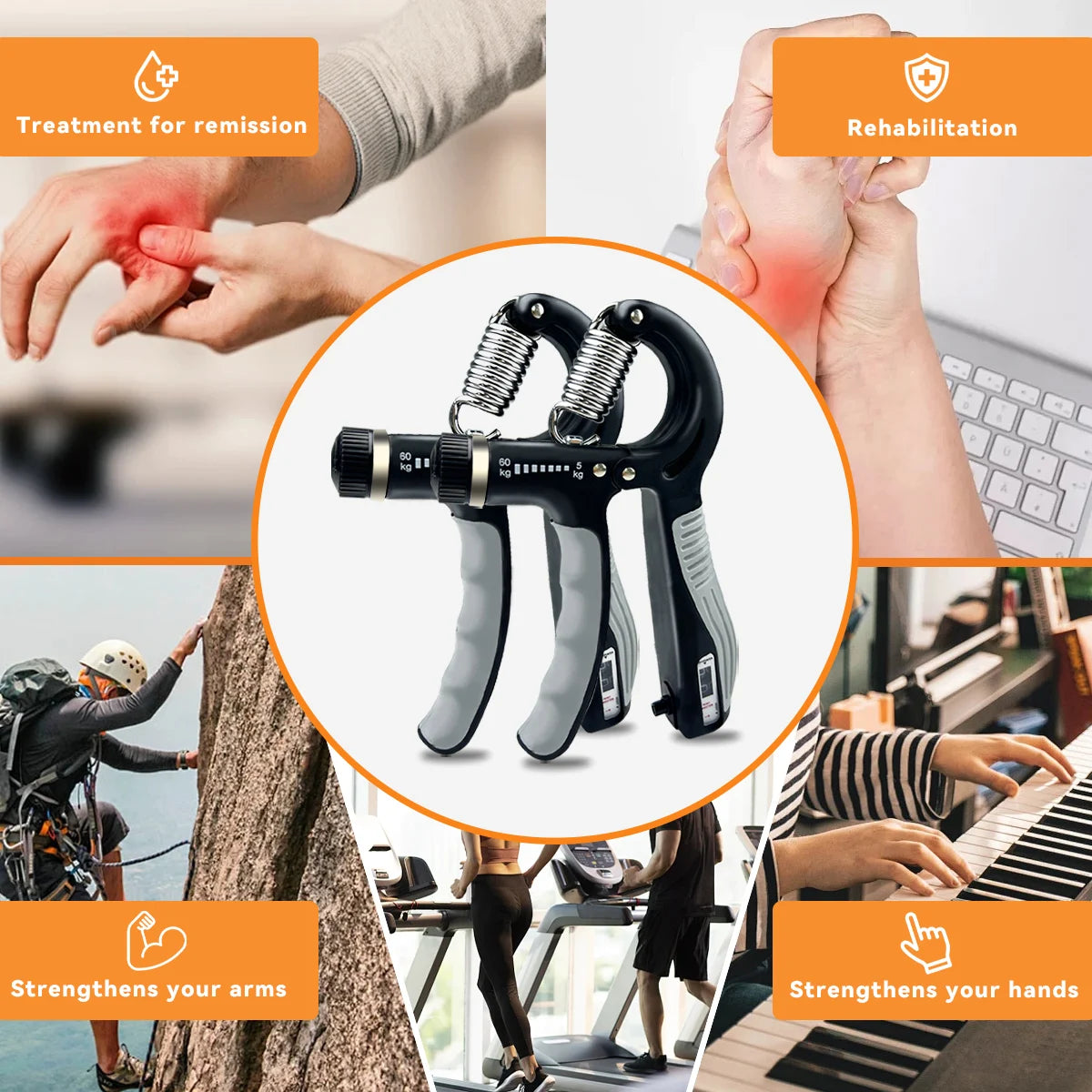Grip Strength Trainer Adjustable Hand Grip Strengthener 11-132 Lbs (5-60Kg) Gym Rehab Forearm Trainer