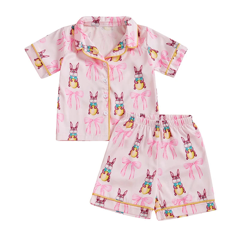 Kids Easter Satin Pajamas Set with Bunny Print Short Sleeve Lapel Button Down Tops and Shorts Sleepwear for Boys and Girls