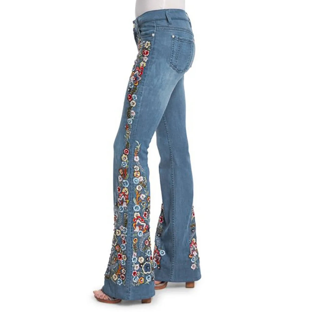 Women Retro Floral Embroidered Denim Flare Pants Distressed Straight Plus Size Trousers Elegant Women Palazzo Wide Leg Jeans