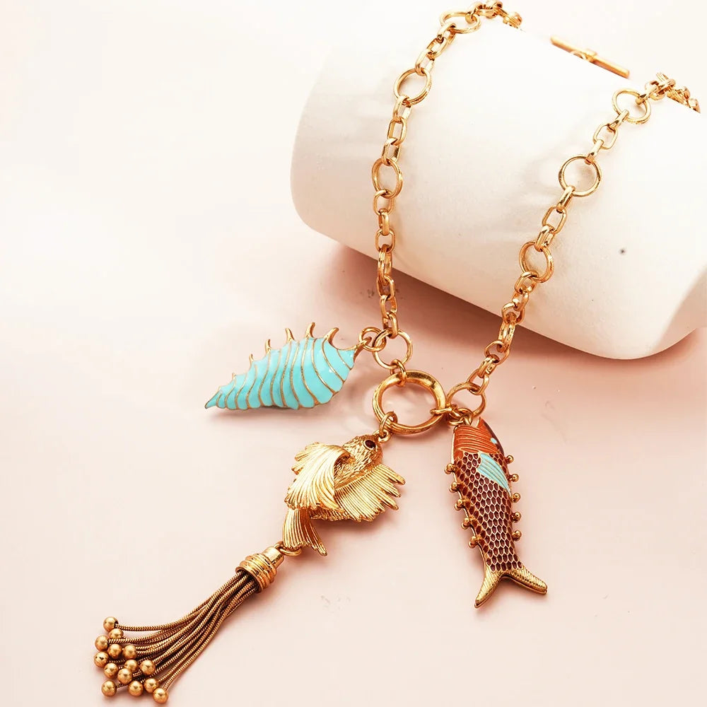 Bohemian sweater Necklaces for Women Fishes PendantsMermaid Tassels Marine Charms Birthday Party Chic Jewelry Beauty Accessories