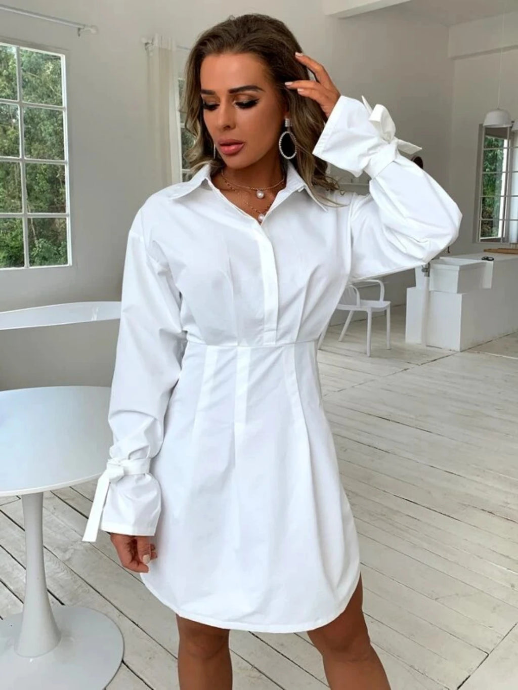 Women's White Button Front Dress Casual Long Sleeve Lapel Shirt Dress Fashion Female Loose Mini Dress