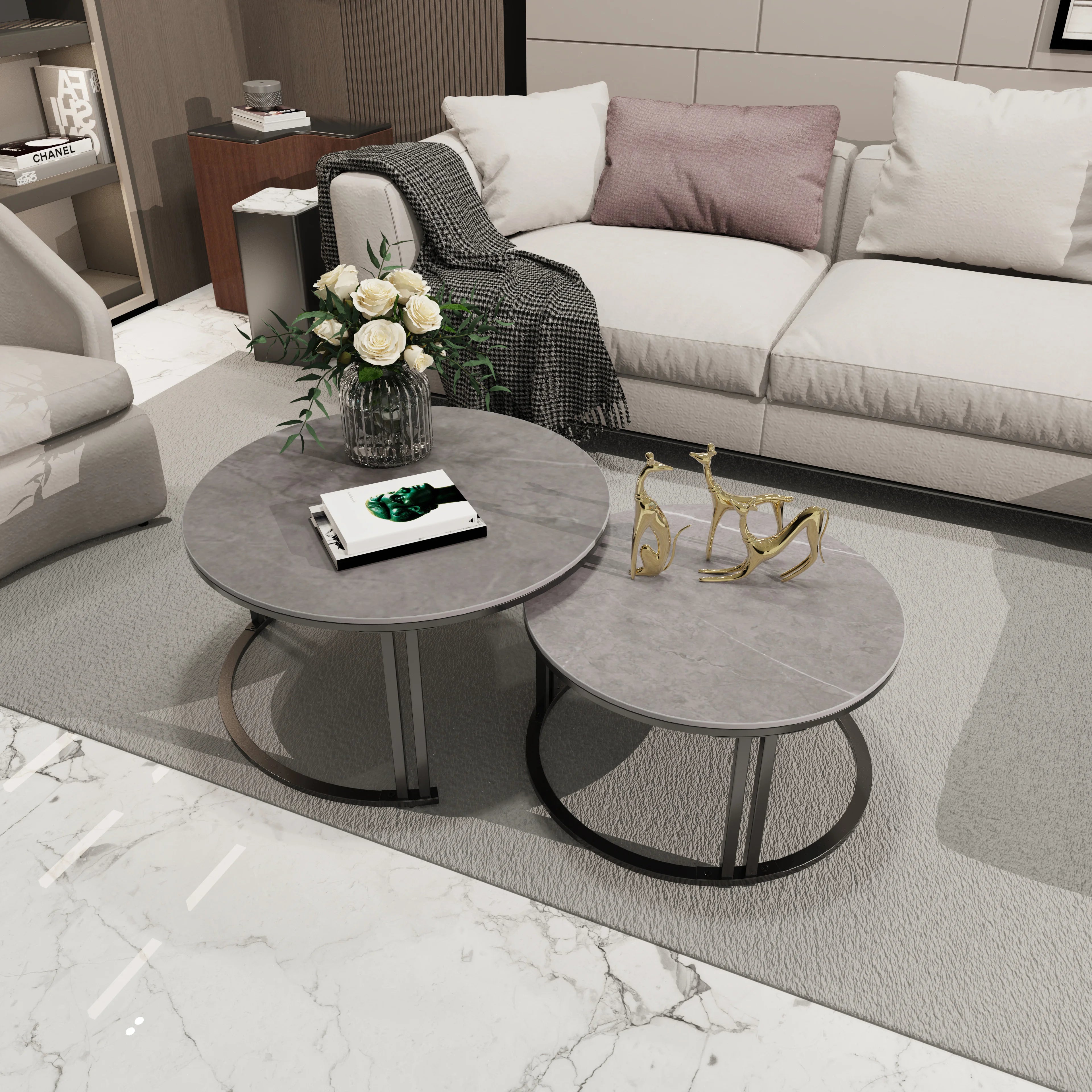 Circle Nesting Coffee Table Set of 2, Modern Chic Round Nested Center Coffee Table with Sinter Stone-top Stacked Sofa Side Table