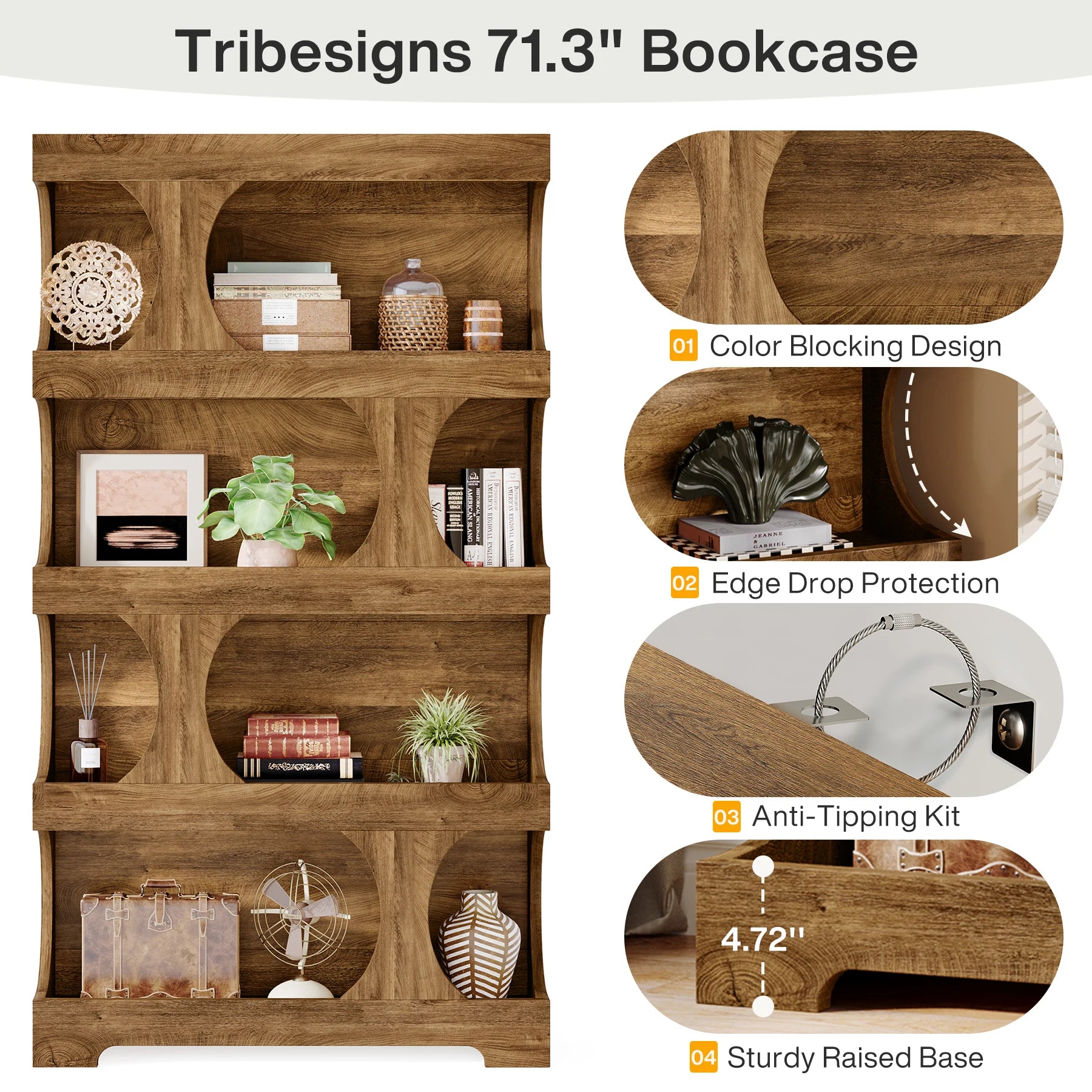 Tribesigns 71" Tall Bookcase, 4-Tier S-Shaped Bookshelf, Wood Decorative Storage Shelving, Modern Freestanding Display Shelves