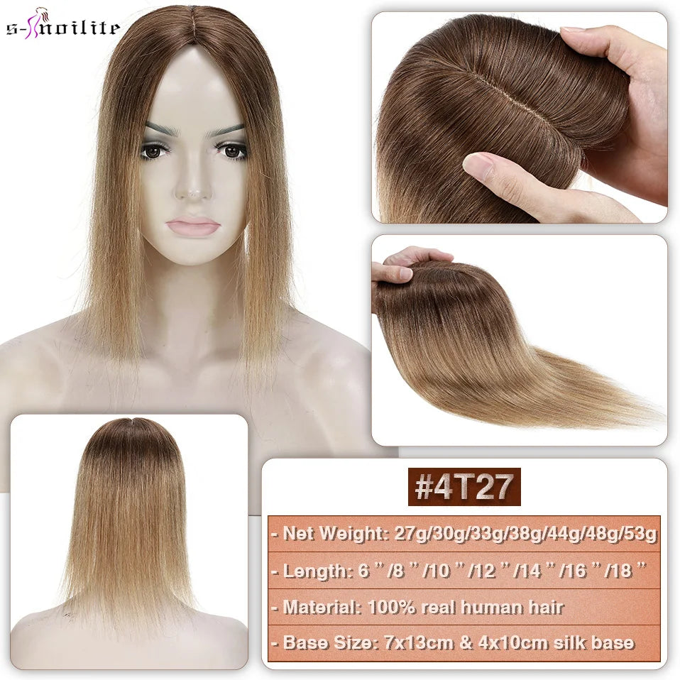 S-noilite 7x13cm Hair Toppers Human Hair For Women Natural Hair Topper Wigs Women Topper Silk Base Hair Clip In Hair Extensions