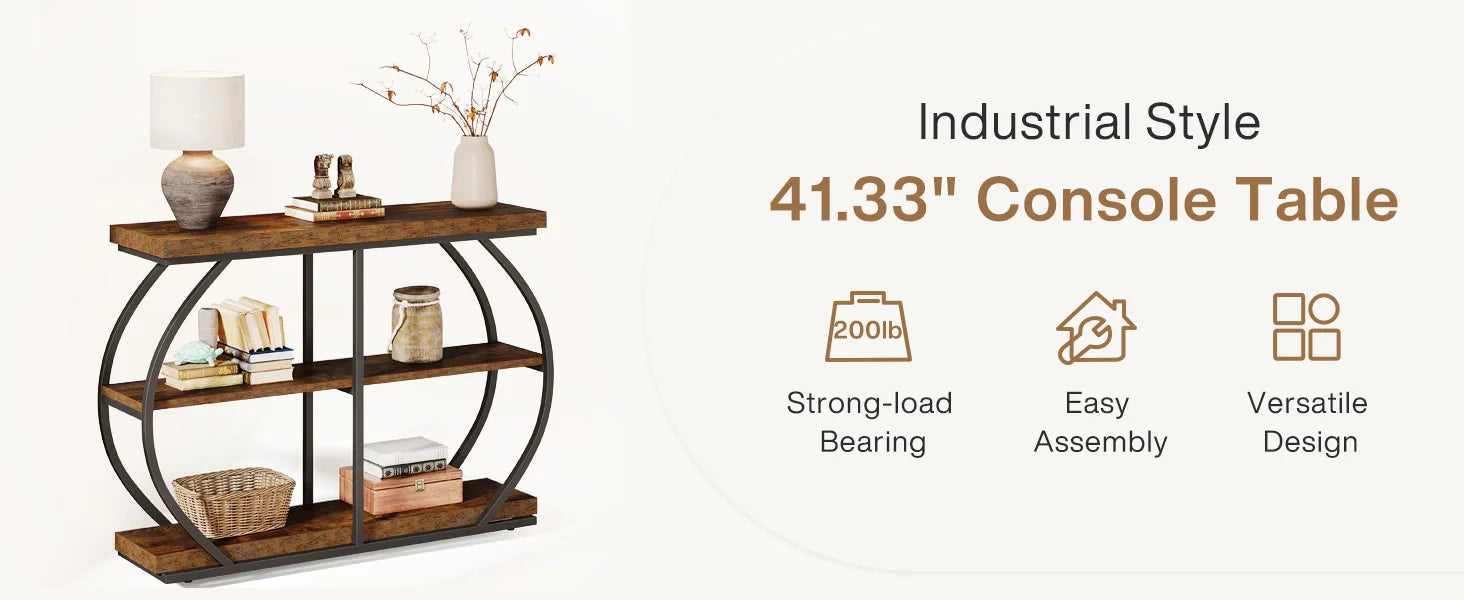 Tribesigns 41.3" Console Table, Industrial 3-Tier Entryway Table with Arched Metal Frame and Storage Shelves for Living Room
