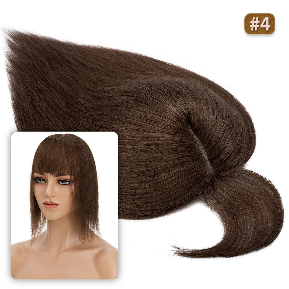 S-noilite Natural Hair Topper Wig for Women 10x12cm with Silk Base 3.5x9cm Human Hair Piece with Bangs Hair Clip Included