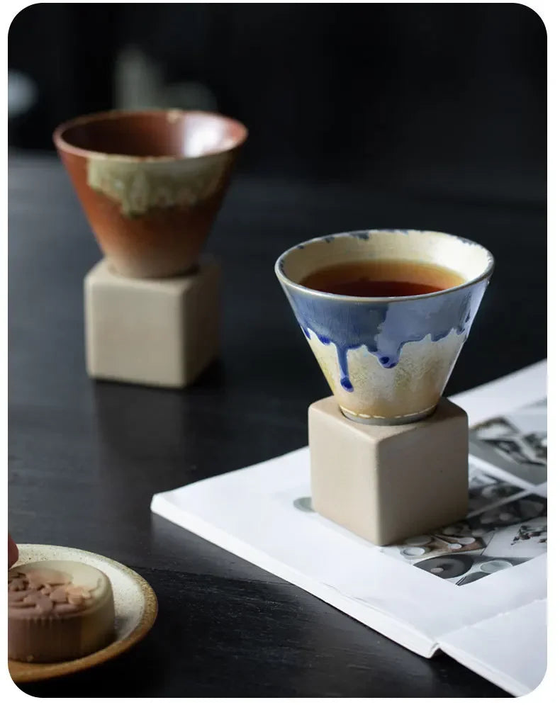 Coarse Pottery Creative Coffee Cup with Base Japanese Retro Conical Ceramic Cups Minimalist Latte Mug  Stoneware Master Teacup