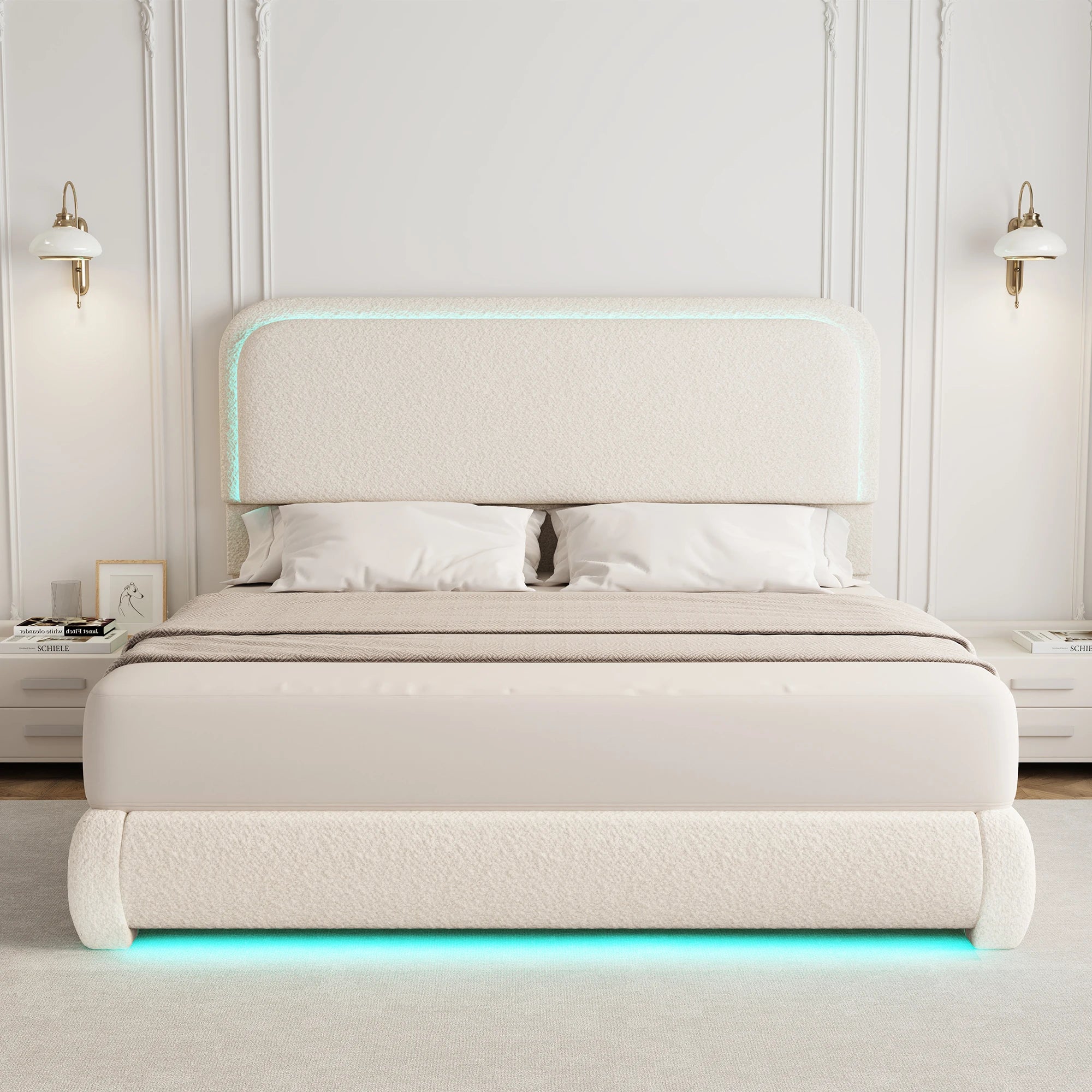 Full Size LED Bed Frame with Storage Drawers, Teddy Upholstery, Rounded Headboard, Soft and Cozy, No Box Spring Needed