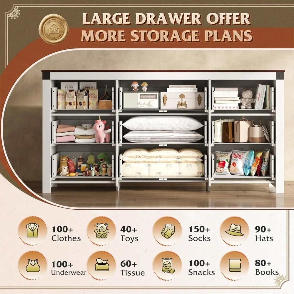 Farmhouse Dresser for Bedroom, 63" Wide 9 Drawer Dresser Storage Organizer, Wood Chest of Drawers for Bedroom, TV Stand