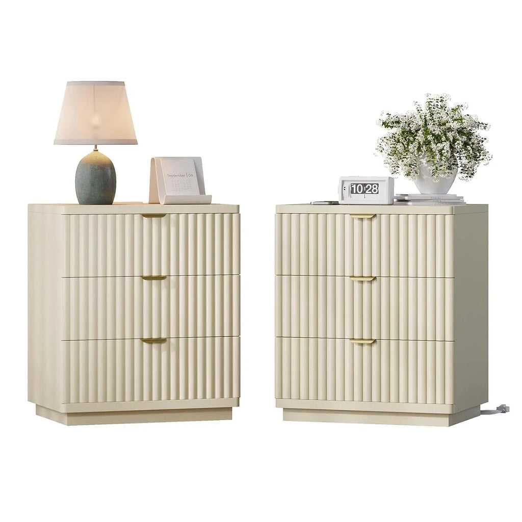 Nightstands Set of 2, Fluted Nightstand with Charging Station and 3 Drawer Storage, Large Modern Bedside Table,, Customized