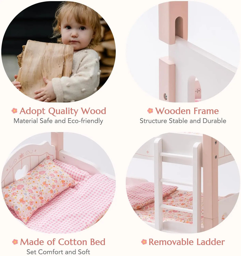 Robotime Robud Baby Doll Bunk Beds for 18 inch Dolls American Girl Doll Furniture Toy with Bedding Pink Wood 2pcs Beds