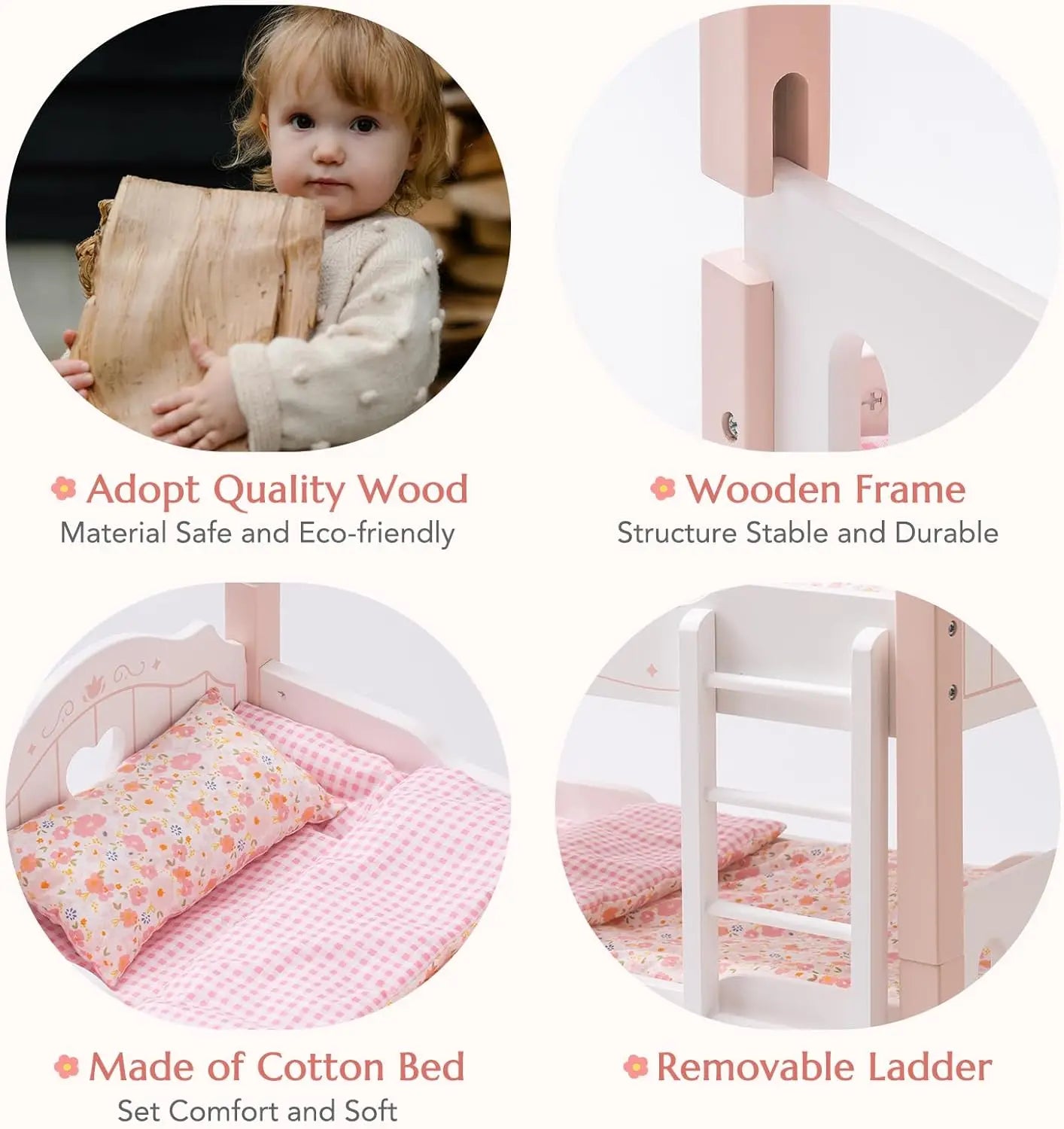 Robotime Robud Baby Doll Bunk Beds for 18 inch Dolls American Girl Doll Furniture Toy with Bedding Pink Wood 2pcs Beds
