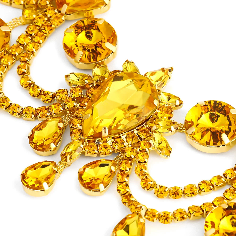 Stonefans Water Drop Tassel Necklace Earrings Sets Banquet for Women 2024 Statement Yellow Rhinestone Jewelry Set Bridal Gifts