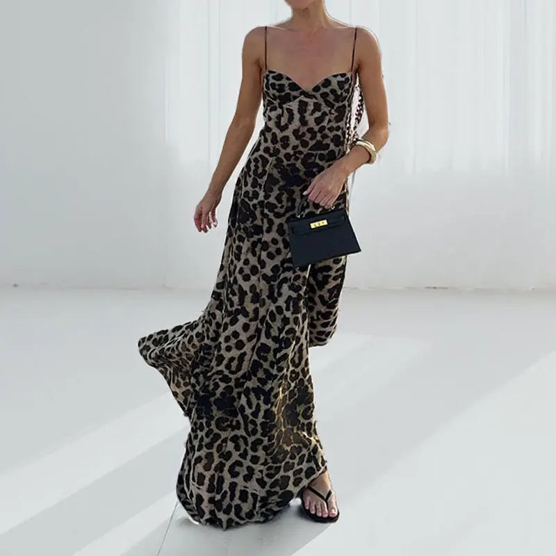 VEITCHE Summer Vintage Lepord Print Sling Dress Women Suspender Sleeveless Backless High Waist Long Dress Lady Maxi Robe