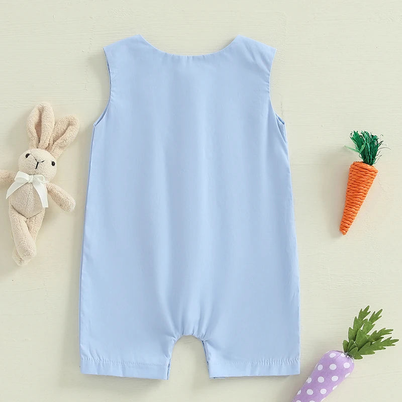Infant Easter  Adorable Sleeveless Round Neck Rabbit Embroidered Loose Fit Romper Baby Jumpsuit Toddler Outfit for Spring