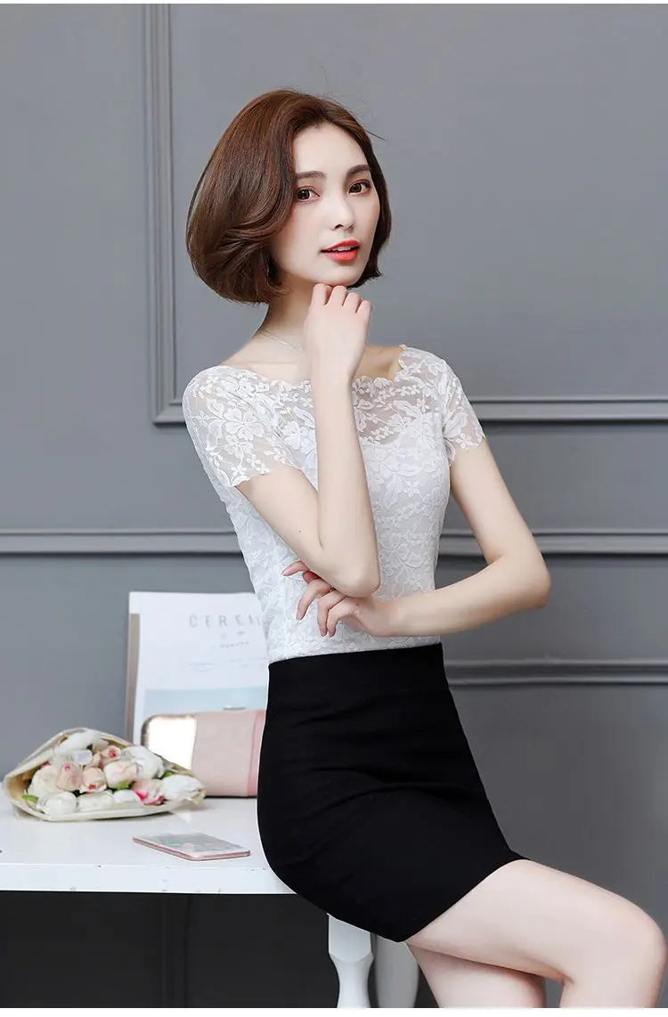 Elegant Slash Neck Spliced Lace Hollow Out Blouse Women's Clothing 2023 Summer New Oversized Casual Pullovers Office Lady Shirt