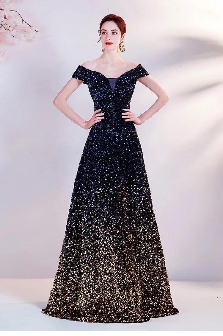 One Shoulder Evening Gown New Gradient Black Annual Party Stage Performance Host Walking Fish Tail Dress for Women 2026