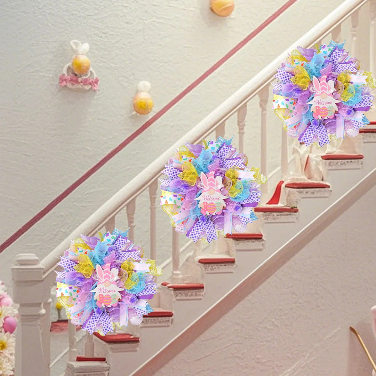 Easter Dwarf Rabbit Mesh Wreath, 15.7in Artificial Easter Gnome Door Hanging Wreath, Colorful Easter Bunny Welcome