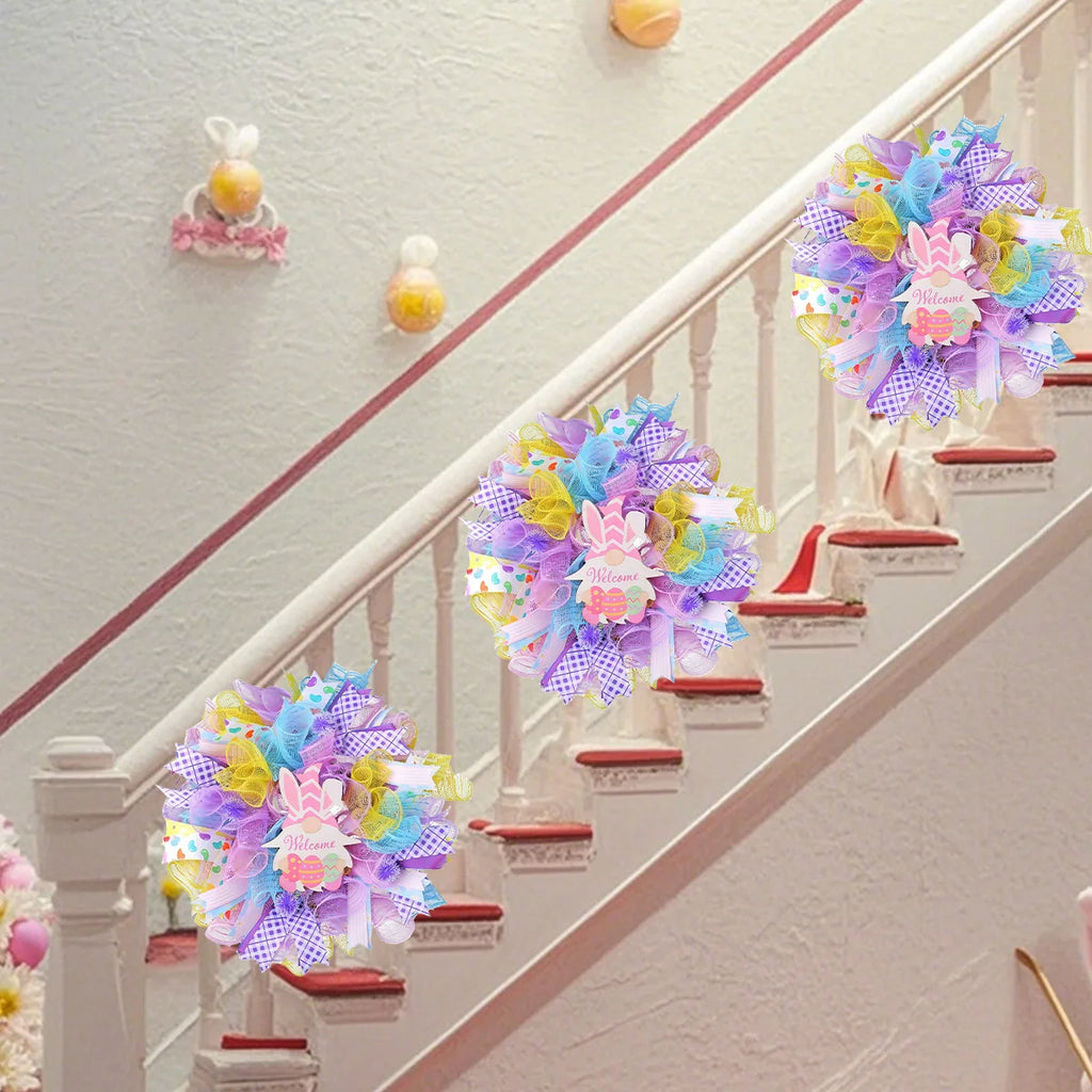 Easter Dwarf Rabbit Mesh Wreath, 15.7in Artificial Easter Gnome Door Hanging Wreath, Colorful Easter Bunny Welcome