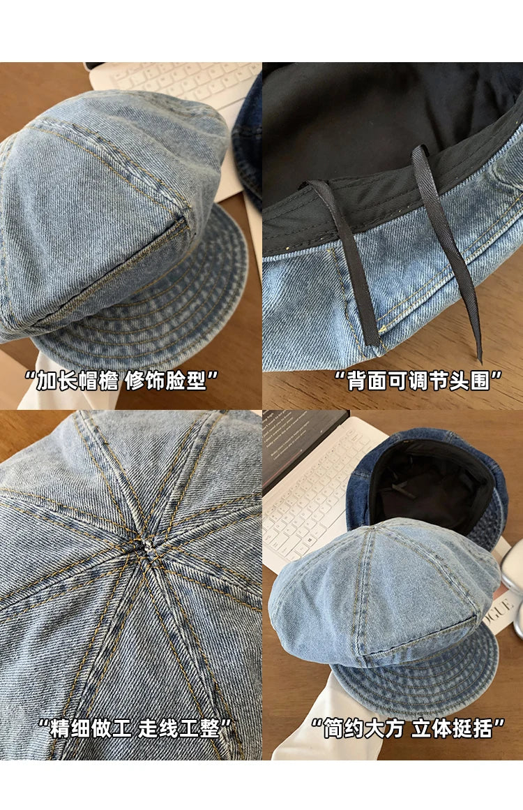 Japanese Retro Denim Cloud Berets Cap for Women Spring and Summer Casual Versatile Simple Literary Style Octagonal Newsboy Hat