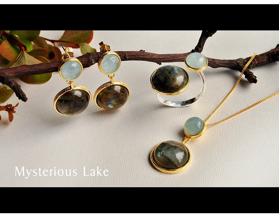 Lotus Fun Real 925 Sterling Silver Natural Labradorite Moonlight Gemstones Ring Fine Jewelry Mysterious Lake Rings for Women