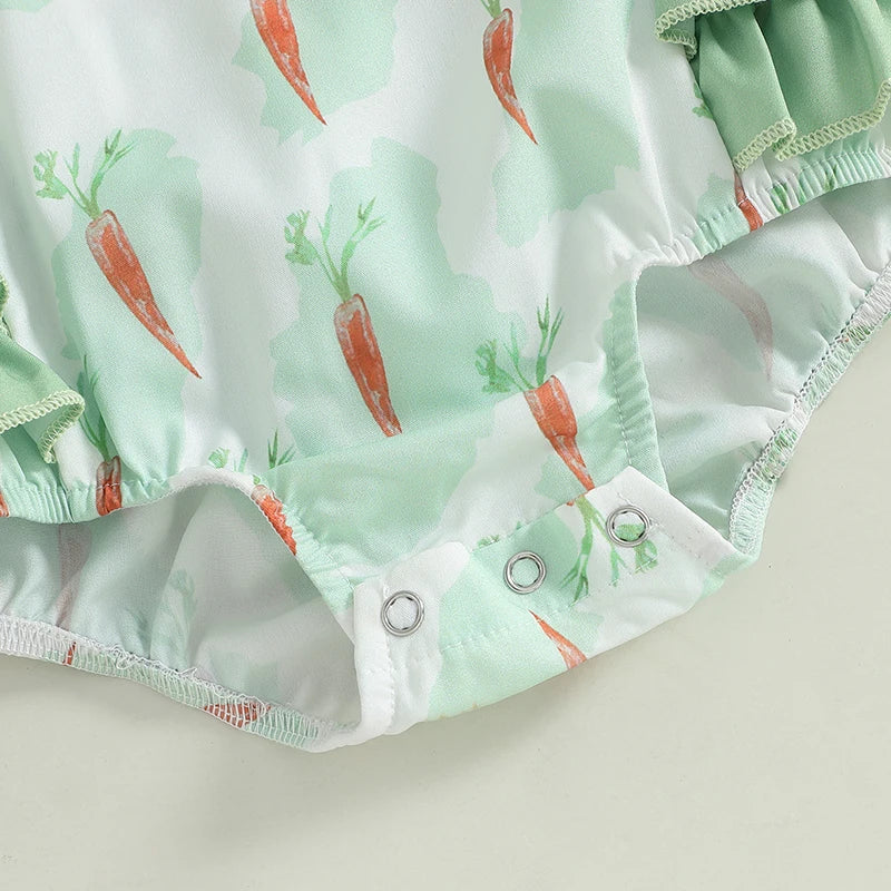 Adorable Infant Easter Jumpsuit with Cute Bunny and Carrot Print Sleeveless Ruffle Square Neck Baby Girl Outfit for Newborns