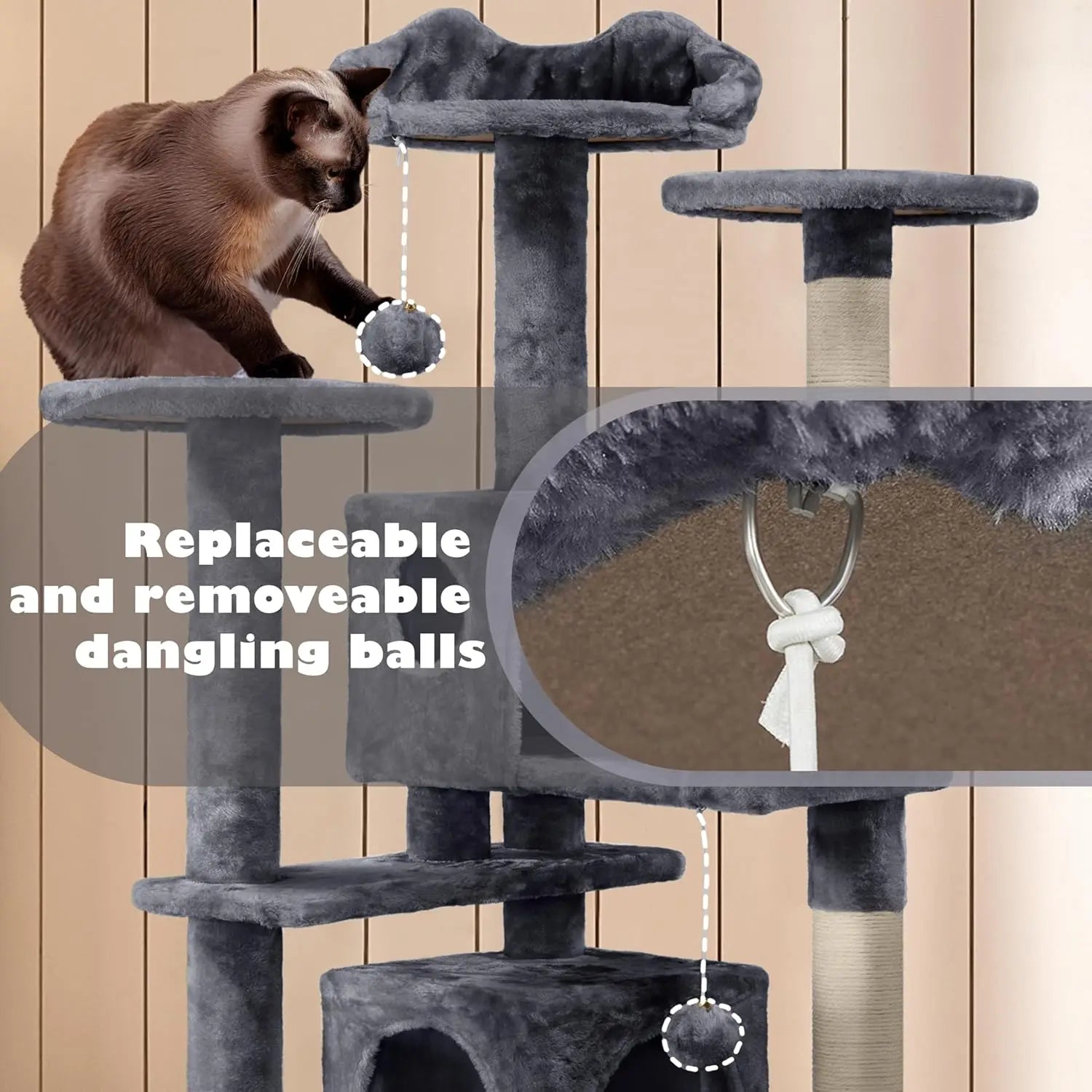 54in Cat Tree, Multi-Level Cat Tower With Spacious Kitten-ear Perch, 2 Cozy Caves, Scratching Posts, Climbing Ladder, 2 Plush Ba